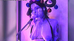 devil cosplay babe filled with cum moans passionately deepthroating huge dildo machine fucking