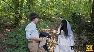 bride cheats wedding day. black stud bends her over forest doggystyle