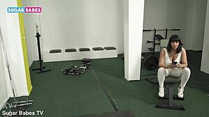 athletic greek brunette adel asanty licks tattooed fitness babe's wet pussy in gym