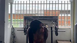 Trans trainer May Hernandez gropes naked ass tits during intense squats