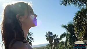 WOW! Petite Russian Bombshell Elina Love Strips Shaved Pussy Outdoors!