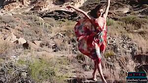 WOW! Petite Russian Bombshell Elina Love Strips Shaved Pussy Outdoors!