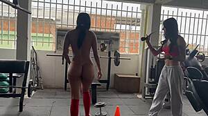 Trans trainer May Hernandez gropes naked ass tits during intense squats