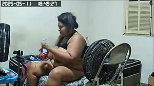 security cam catches busty brazilian stepmom flashing huge pussy to lover