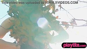 petite Canadian cougar milf strips lingerie outdoors flashing natural tits