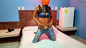brunette stepsis masks up in hotel bed shaking hips naked for halloween fun