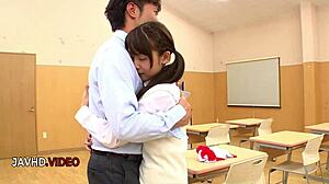 Asian teen Miu Suzuha masturbates wildly in classroom JAV fantasy.