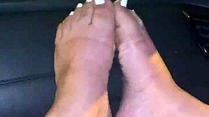 pretty spanish babe teases feet outdoors in public with toes and pussy for jerk off