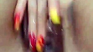 Blonde squirts juicy orgasm webcam masturbation red nails closeup