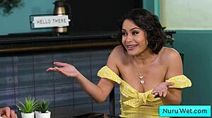Sensual tattooed busty masseuse Nicole Aria slicks Seth Gamble for wet nuru slide