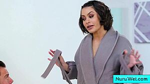Sensual tattooed busty masseuse Nicole Aria slicks Seth Gamble for wet nuru slide