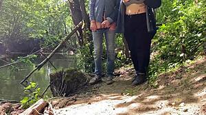 wow, her mature mother-in-law hands stroke that huge cock outdoors so dirtily