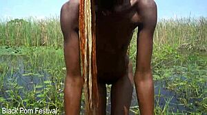 skinny african babe's soft narrow ass tempts in river bath