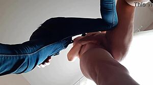Girlfriend masturbates in jeans while naked friend cums