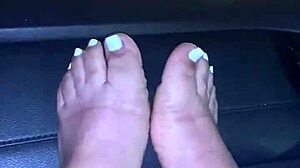 pretty spanish babe teases feet outdoors in public with toes and pussy for jerk off