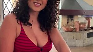 this curvy latina rides dick pov while gagging on deepthroat brunette blowjob action