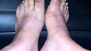 pretty spanish babe teases feet outdoors in public with toes and pussy for jerk off