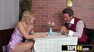 Wild blonde bride rides waiter's cock doggystyle on desk before cuckold husband
