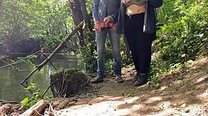 wow, her mature mother-in-law hands stroke that huge cock outdoors so dirtily