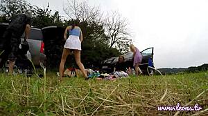 Cute Blondes Flash Panties Legs in Lingerie Miniskirts Outdoors