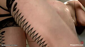 Bound big-titted lesbian slave takes anal assfucking and whipping in kinky threesome