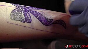 Katie Monroe's tattoo session turns into double dick deepthroat pounding!