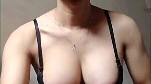 big tit asian shemale strokes cock to explosive cumshot solo