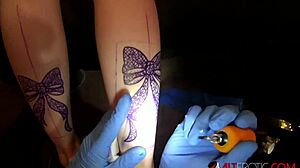 Katie Monroe's tattoo session turns into double dick deepthroat pounding!