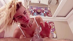 My skinny blonde bimbo throat gags on messy deep facefuck