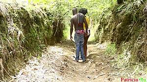 Aunty's outdoor creampie ride on big black cock contrasts her fat ebony curves perfectly