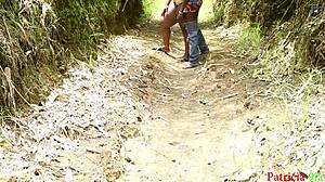 Aunty's outdoor creampie ride on big black cock contrasts her fat ebony curves perfectly