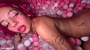 Pink Bimbo Teen Nali Marie's Dirty Feet Play in Ballpit with Petite Boobs