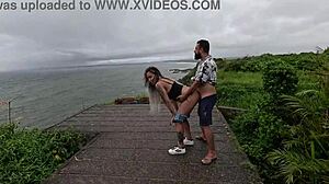 he bends her over on the beach for public doggystyle while nicoly milks the stranger's cock for creampie