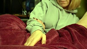 watching tv on bed led to chubby blonde girlfriend's handjob exploding premature ruined cum all over!