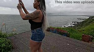 he bends her over on the beach for public doggystyle while nicoly milks the stranger's cock for creampie