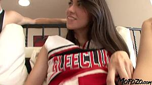 Brunette Cheerleader Deepthroats Monster Cock for Mofozocom Big Facial