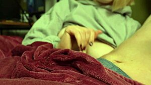 watching tv on bed led to chubby blonde girlfriend's handjob exploding premature ruined cum all over!