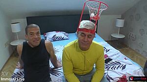 Football fans threesome bends over for stepson's huge cock pounding