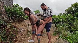 he bends her over on the beach for public doggystyle while nicoly milks the stranger's cock for creampie
