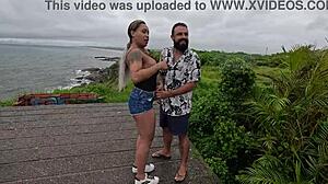 he bends her over on the beach for public doggystyle while nicoly milks the stranger's cock for creampie