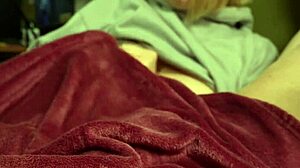 watching tv on bed led to chubby blonde girlfriend's handjob exploding premature ruined cum all over!