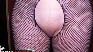 oiled big tits japanese milf fishnets handjob rubs cock on puffy pussy lips