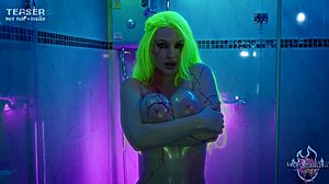 rave girl cyber showerin with toys oiled big tits ass shaved pussy solo cosplay