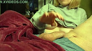 watching tv on bed led to chubby blonde girlfriend's handjob exploding premature ruined cum all over!