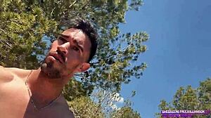 Muscular big cock stud strokes huge dick naked flashing on outdoor public trail