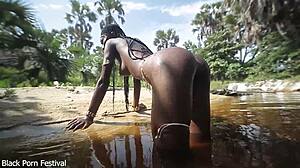 Lucky foreigner spots african tribe queen with perfect body by village river and fucks her hard
