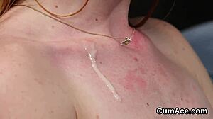 Oh yeah horny doll catches face full of sperm swallows every jism drop