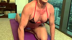 muscular bikini milf cougar leads yoga joi with big clit tits