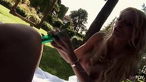 outdoor LESBIANS lift skirts for dildo FUCKING wet pink cunts