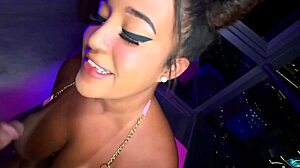 Thick ebony with tan lines squirts hard loving big white creampie fill